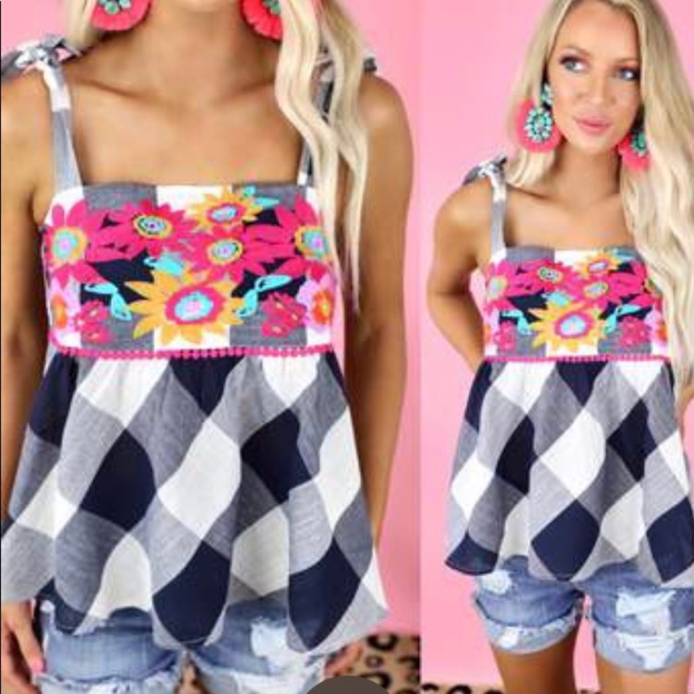 Navy and white Floral Embroidered Top